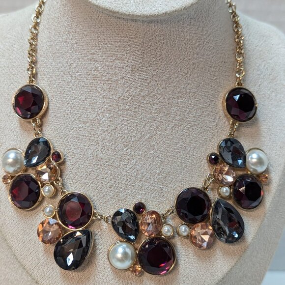 Gorgeous Gold Tone Rhinestone Faux Pearl Choker Necklace Burgundy Gray Peach - Picture 7 of 10